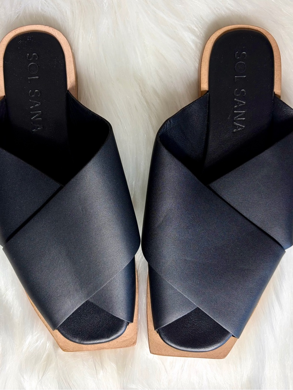 SOL SANA Black Crossband Leather Mules w/Natural Tan Sole